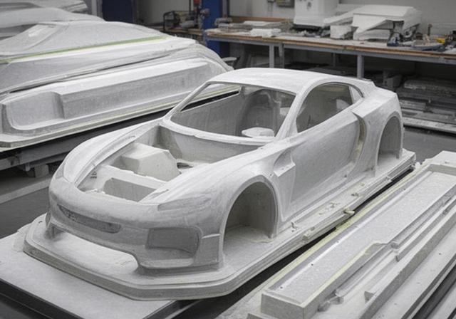 Moldes y refuerzos de un prototipo automotriz antes del laminado final, en un taller técnico