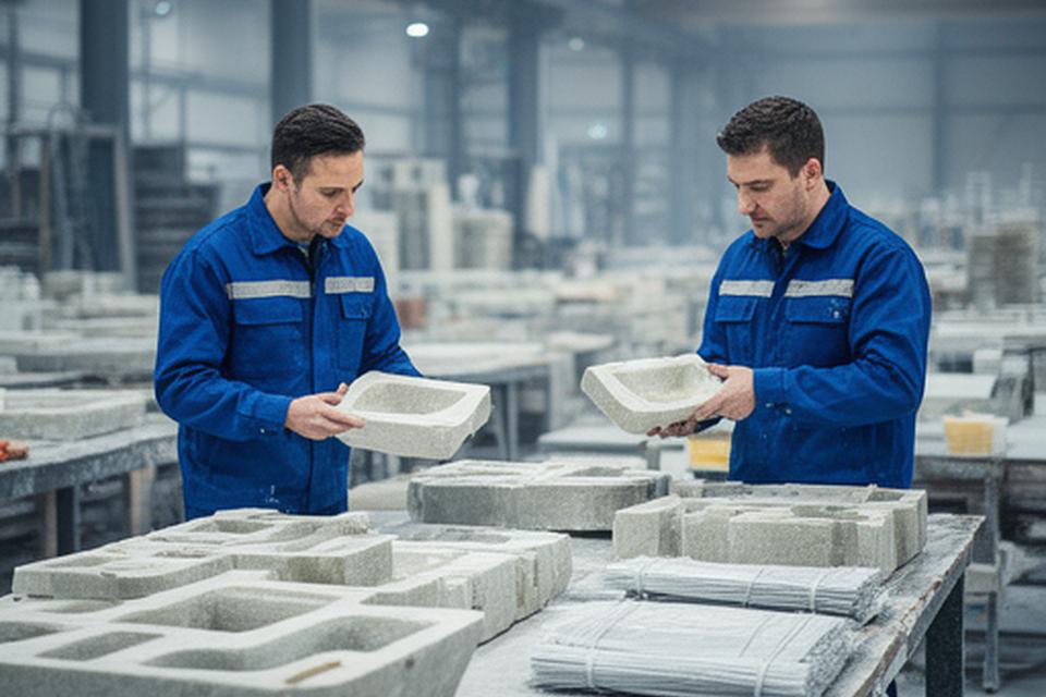 Operarios revisando piezas de fibra de vidrio en una nave industrial iluminada, con mesas de trabajo y moldes preparados