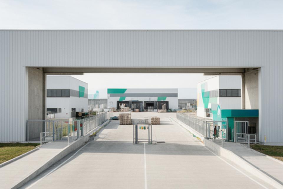 Vista exterior de una planta industrial con acceso vehicular, portón amplio y zona de carga ordenada al mediodía