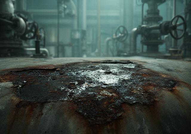Superficie corroída antes de una reparación industrial en una planta química, con zonas desgastadas y humedad visible