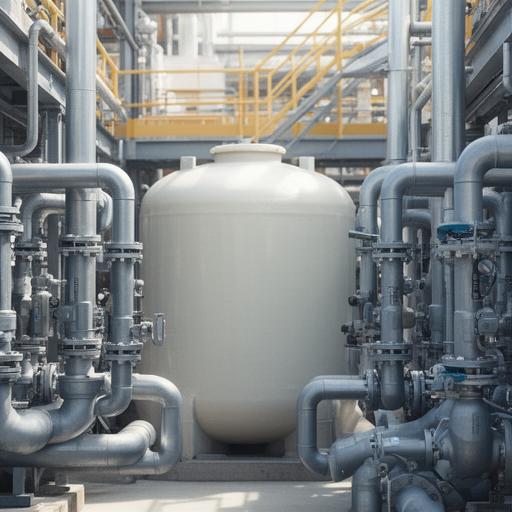 Tanque de fibra de vidrio instalado junto a cañerías industriales en una planta de proceso